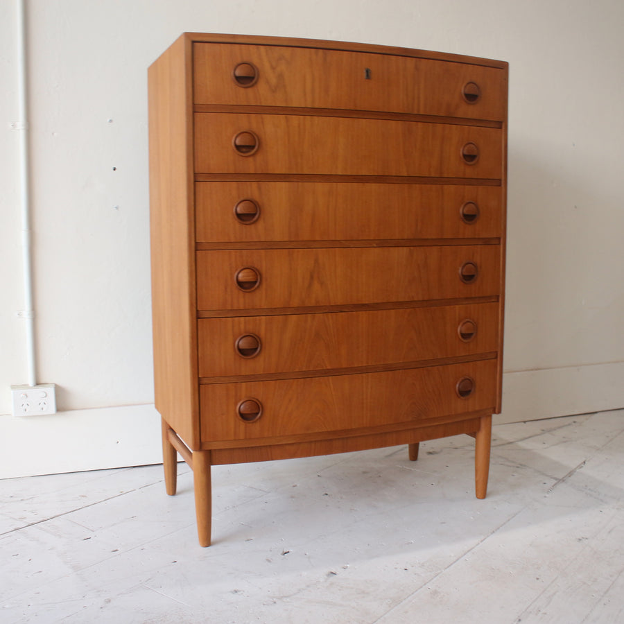 Danish teak bow front chest of drawers