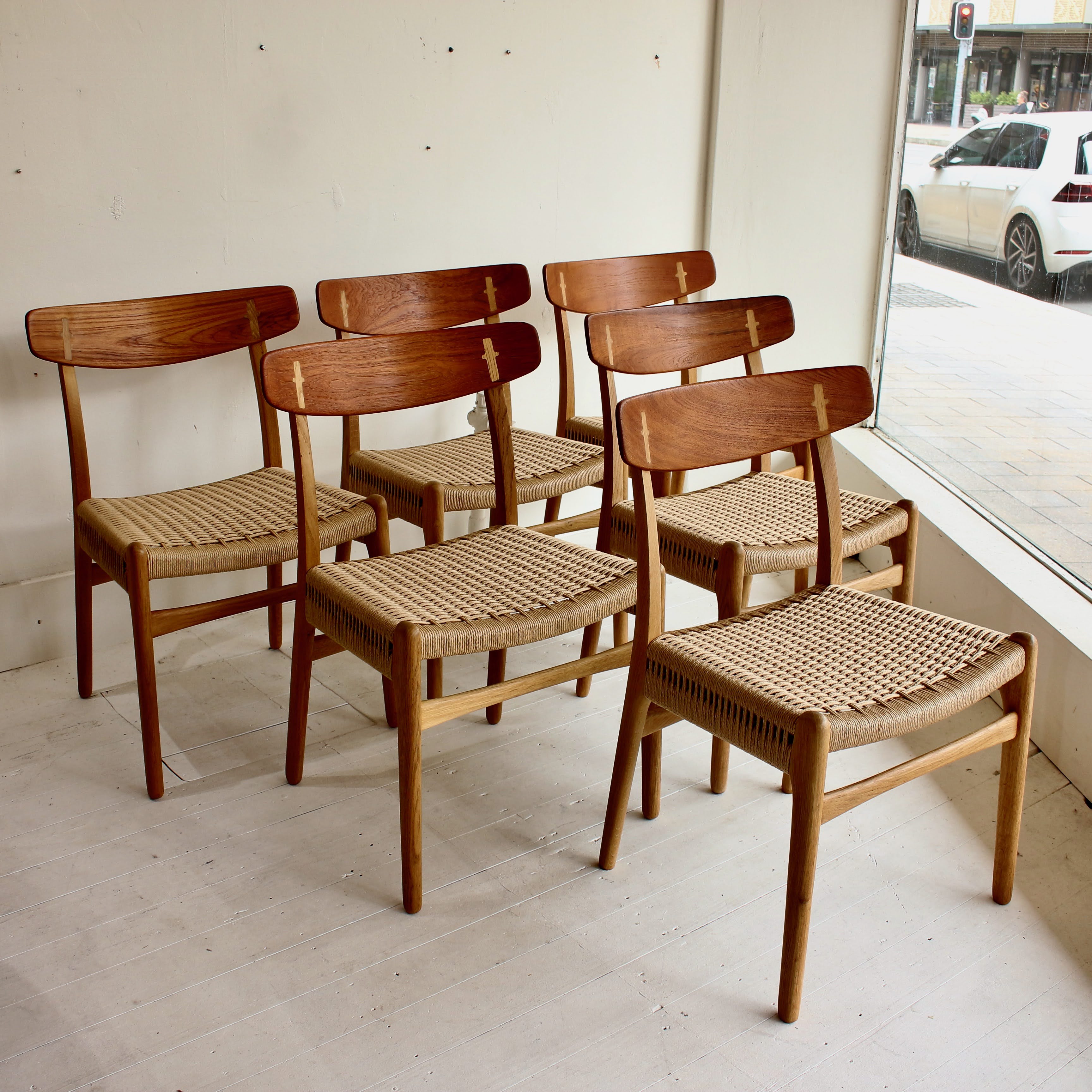 Hans Wegner teak and oak dining chairs. Model CH23 – Juliet's Balcony